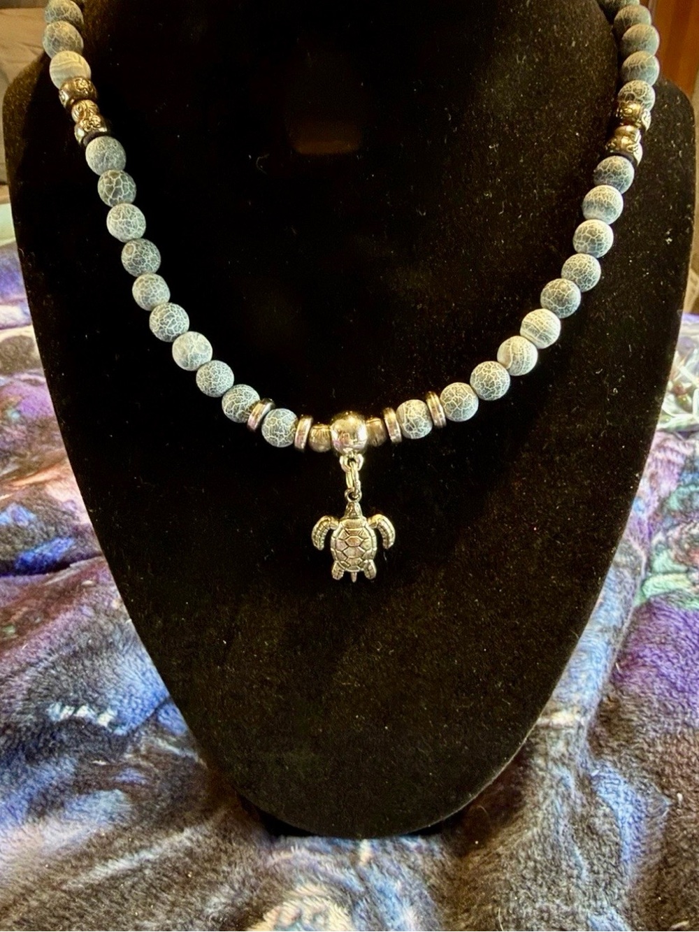 Silver Tone Turtle Charm Blue Beaded Necklace